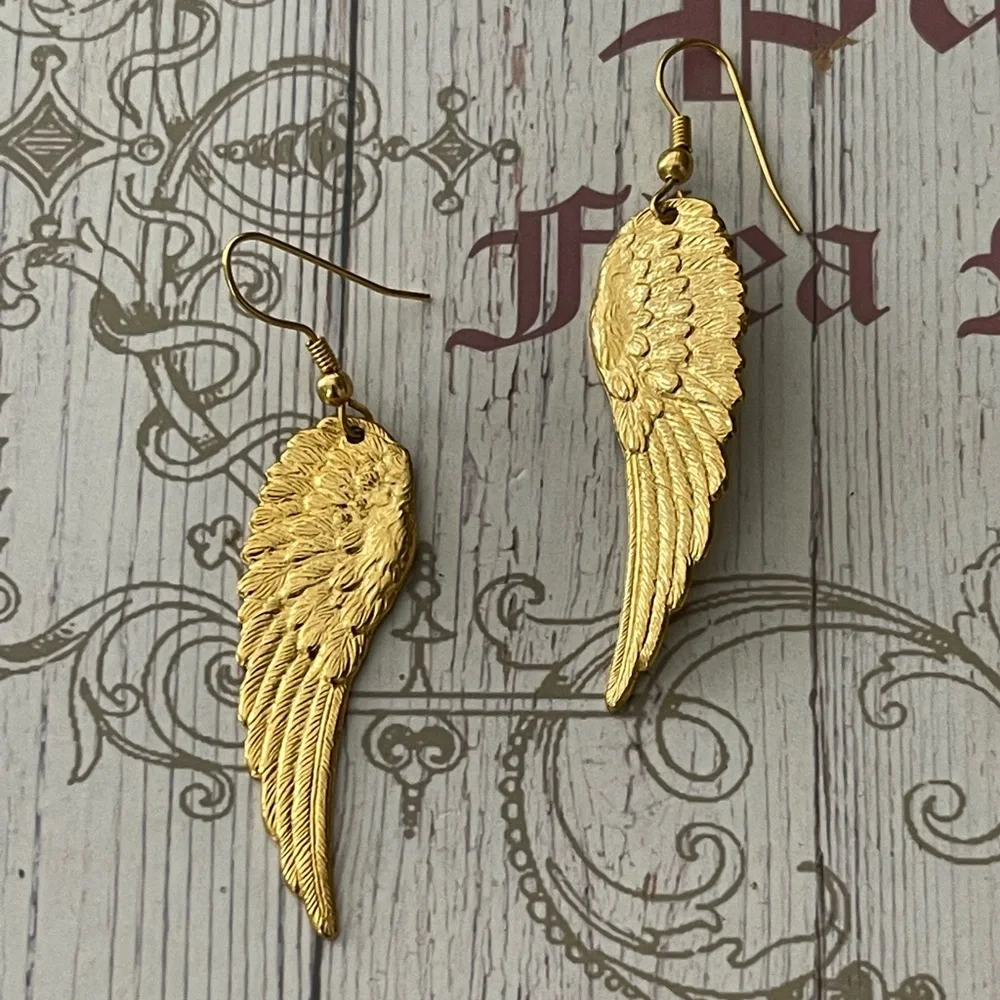 Gold washed brass angel wings drop earrings - Picture 3 of 6